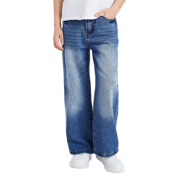 CPNG Boys Baggy Retro Jeans Straight Wide Leg Distressed Pants Casual Lightweight Fashion Button Front Zipper Denim Pants(Blue,8-9 Years)
