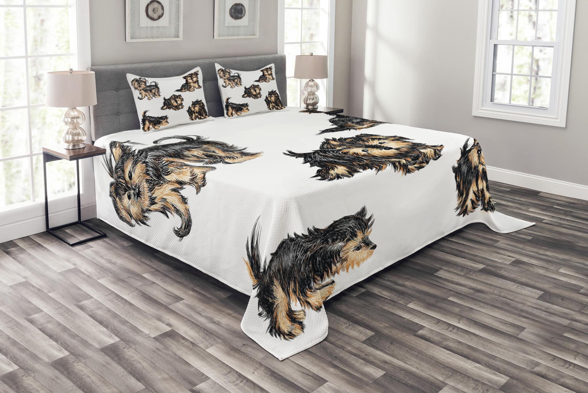 Yorkie Bedspread Set Queen Size, Hand Drawn Cute Yorkies Realistic  Yorkshire Terrier Images Dog Love Cartoon, Quilted 3 Piece Decor Coverlet  Set with 