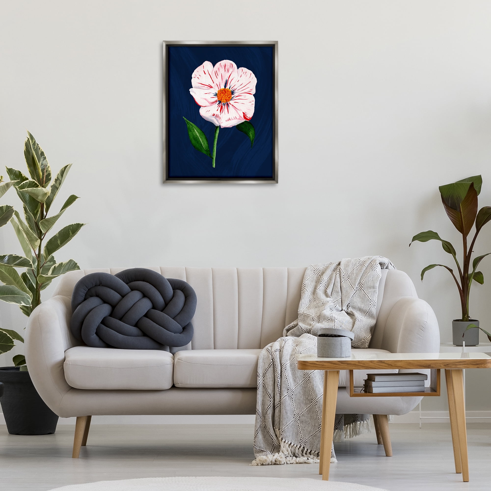 Stupell Industries Single Cherry Blossom Bloom Plants & Flowers Painting Gray Floater Framed Canvas Art Print Wall Art, 25 x 31