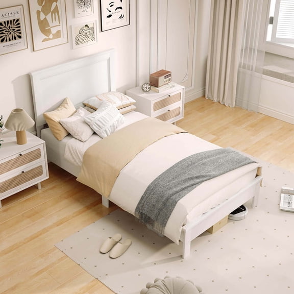 Costway Twin Size Bed Frame Platform Slat High Headboard Bedroom Rubber Wood Leg White