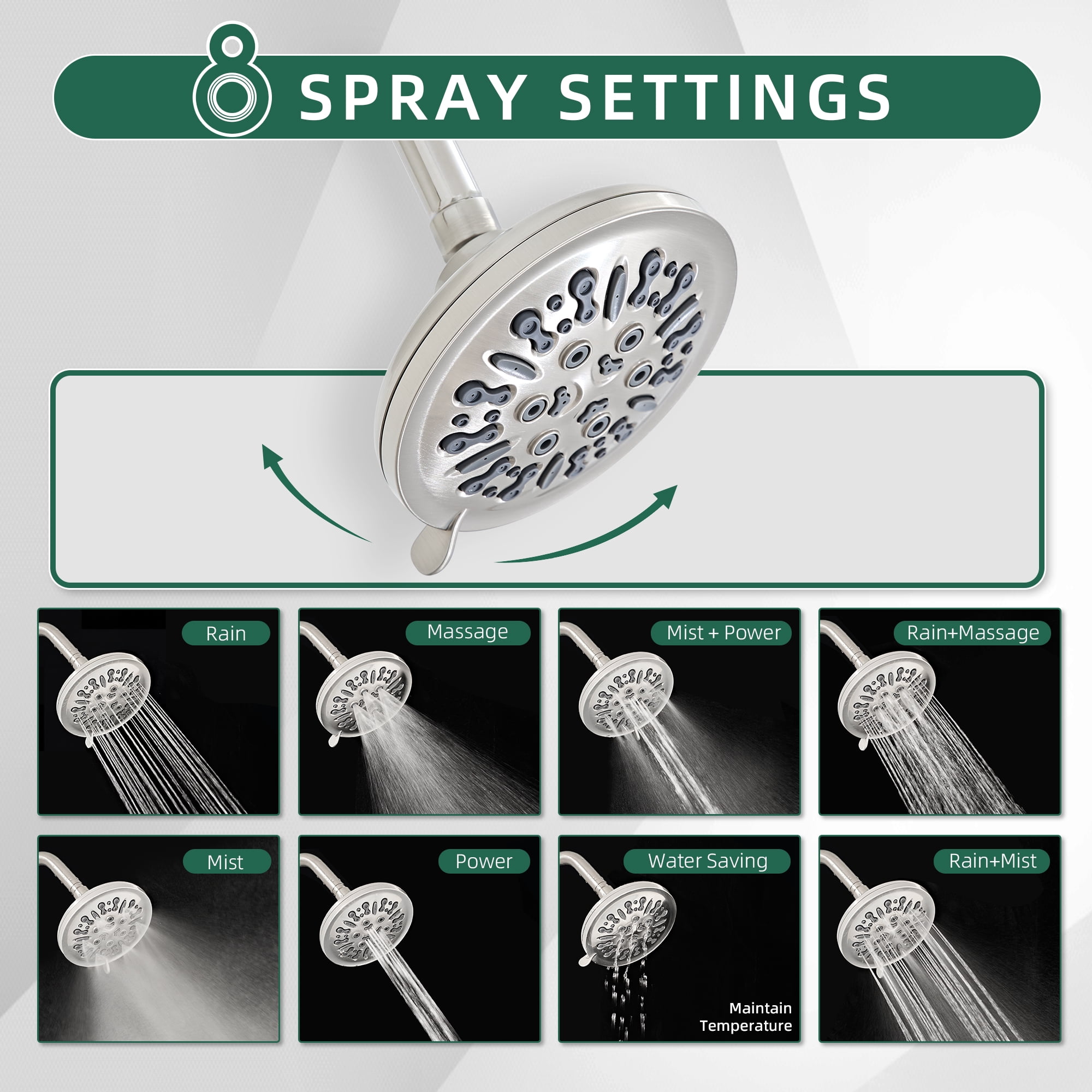 Akicon Shower Head High Pressure Rain Shower Head, 8-Setting 5.5 Inch Fixed Showerhead with Adjustable Angle, Anti-Clogging Nozzles, Easy Install, Excellent Replacement for Bathroom