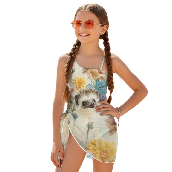 Tutolipy Hedgehog Floral Pattern Girls' One Piece Swimsuit with Cover Up, Adjustable Strap Mesh Cover Up Girls Swimsuit for Bathing 17-18 Years Old