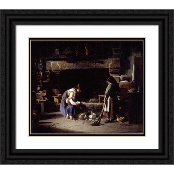 William Henry Lippincott 23x20 Black Ornate Framed Double Matted Museum Art Print Titled: Farm Interior; Breton Children Feeding Rabbits (1878)