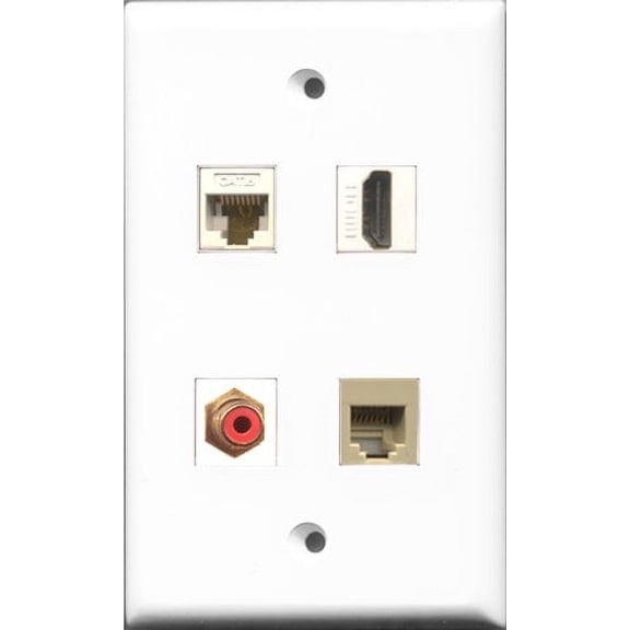 RiteAV 1 Port HDMI and 1 Port RCA Red and 1 Port Phone RJ11 RJ12 Beige and 1 Port Cat6 Ethernet White Wall Plate