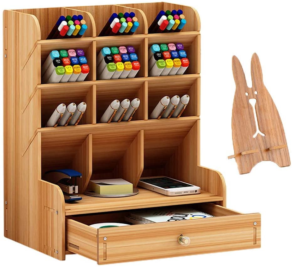B Blesiya Home Office Wooden Multi-function Desk Stationery Organizer Storage Box Pen/Pencil Cell phone Business Name Cards Note Paper Remote Control Holder