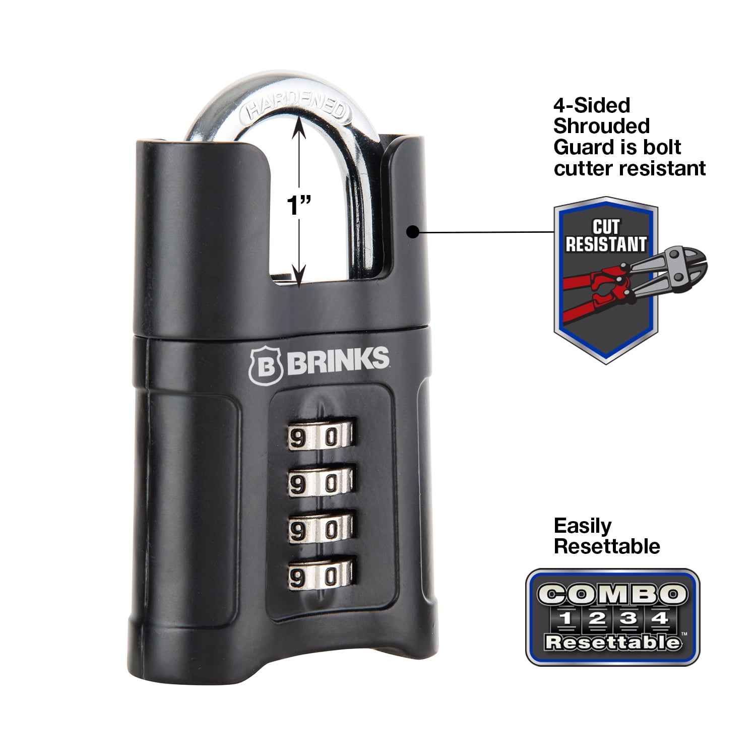 Brinks 57mm 4-Digit Resettable Steel Combination Padlock with 1in Shackle and Shrouded Guard
