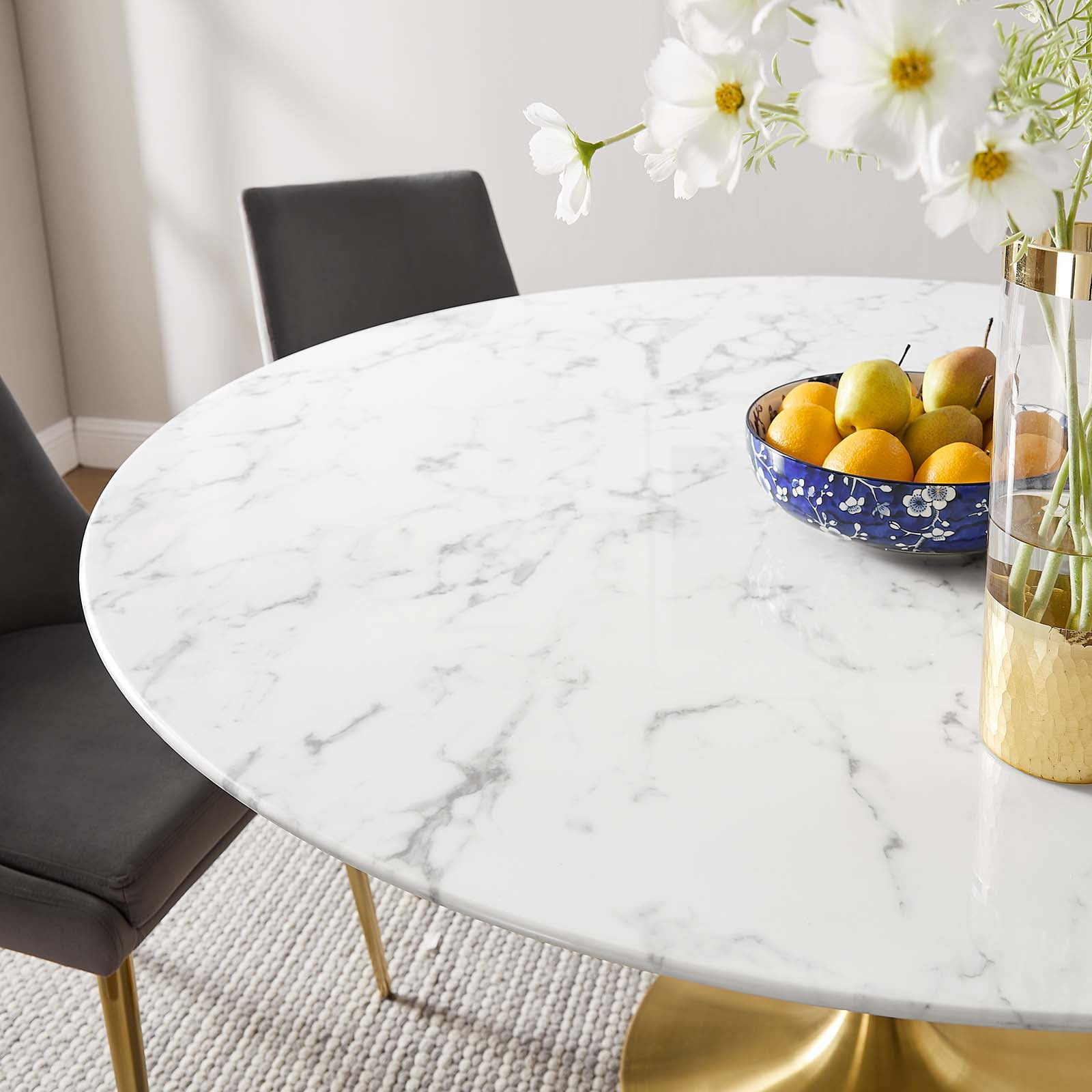 Modway Lippa 	60" Round Artificial Marble Dining Table in Gold White