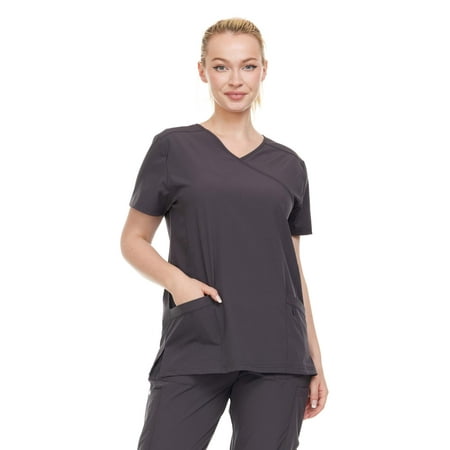 

Heal + Wear Women Scrubs Top V-Neck Short Sleeve Female Medical with Pockets Regular Fit 4 Way Stretch Pewter XL