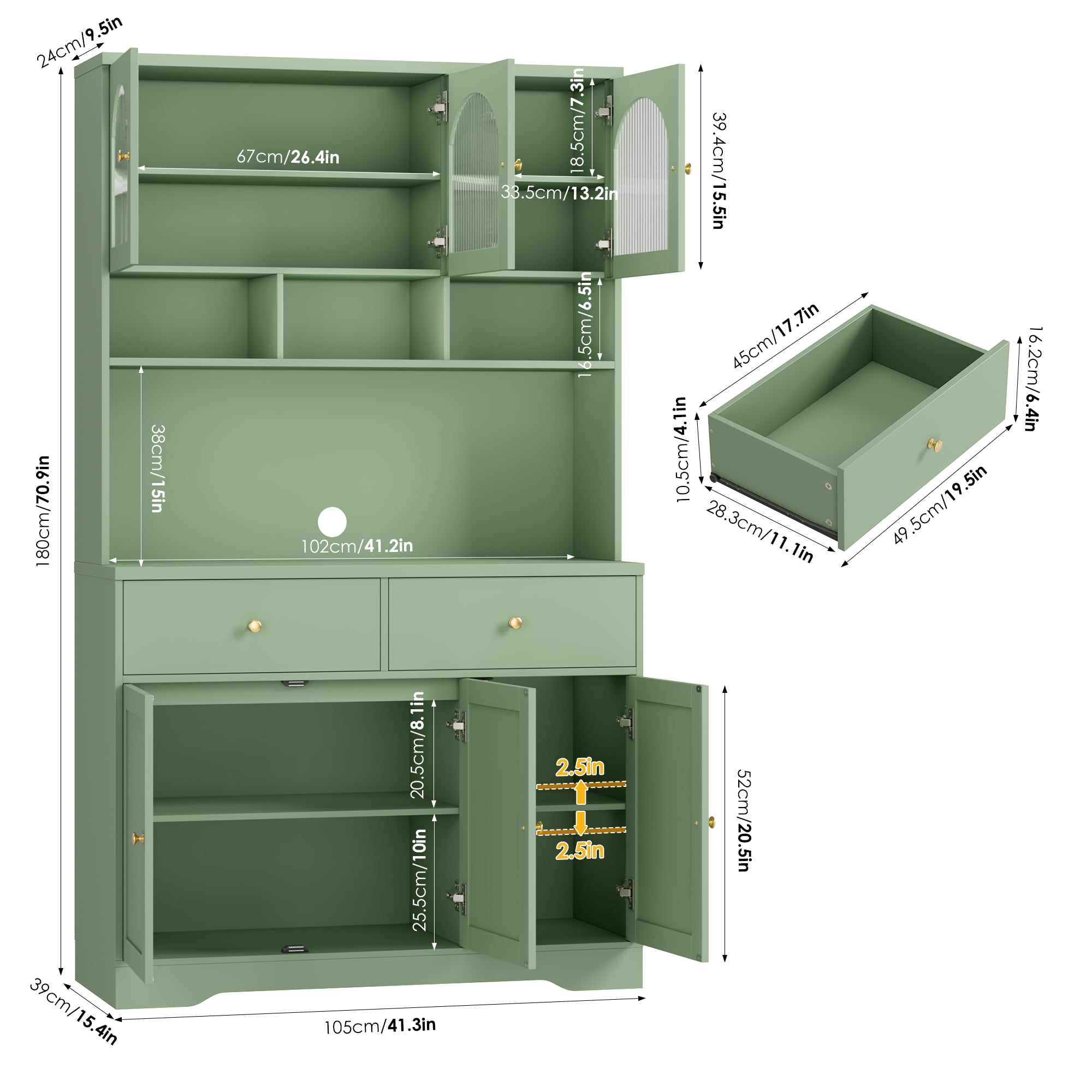 Hiphuta 71"in Modern Kitchen Pantry Storage Cabinet, Freestanding Kitchen Hutch Cabinet with Adjustable Shelves & Microwave Stand, Modern Coffee Hutch for Dining Room, Green
