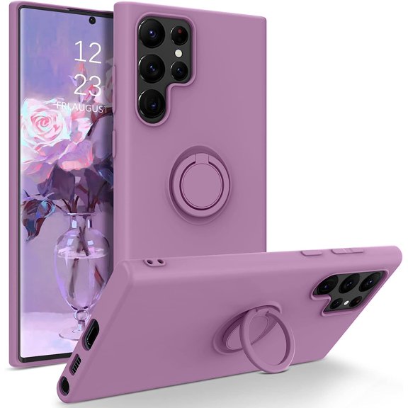 Samsung Galaxy S22 Ultra 5G Case, Liquid Silicone Slim Soft Gel Rubber Cover with Ring Kickstand Car Mount Function Shockproof Full Protective Phone Case for Samsung S22 Ultra 6.8", Purple