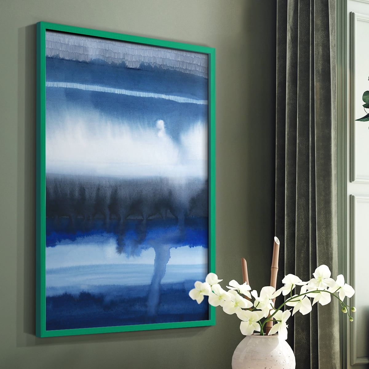 Deep Blue Shore I Framed Print in Green Solid Wood Framed Print No Nail Hanging