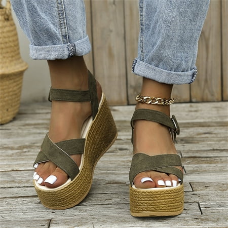 

Women Wedge Platform Sandals Espadrille Slingback Ankle Buckle Peep Toe Summer Shoes shikongkuajing