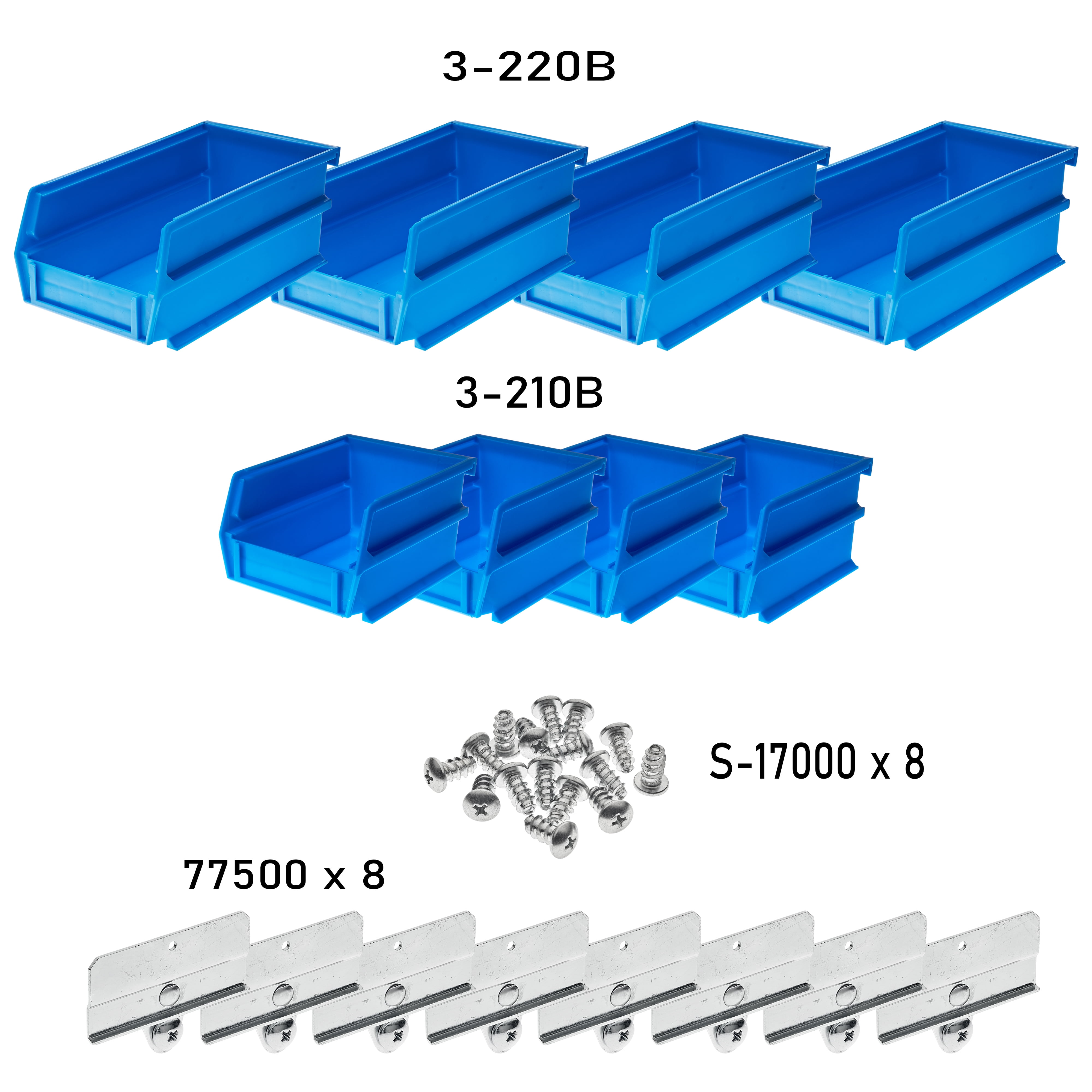 Triton Products® LocBin Polypropylene Hanging Bin & BinClip Kits, (4) Small 5-3/8"L x 4-1/8"W x 3"H and (4) Medium 7-3/8"L x 4-1/8"W x 3" H
