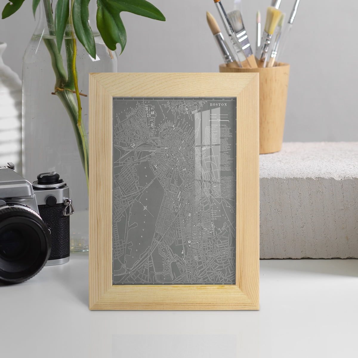 City Map of Boston -Framed Print w/glass-Natural Wood