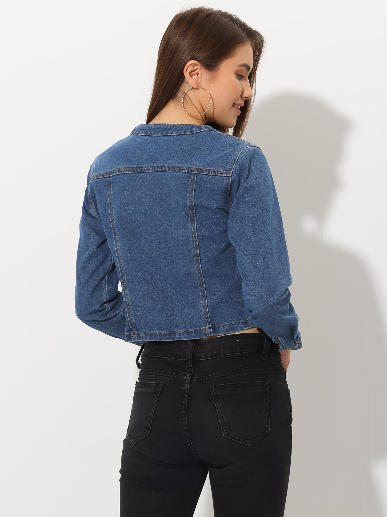 DARING DIVA Women's Collarless Button Down Long Sleeve Denim Jacket L Blue