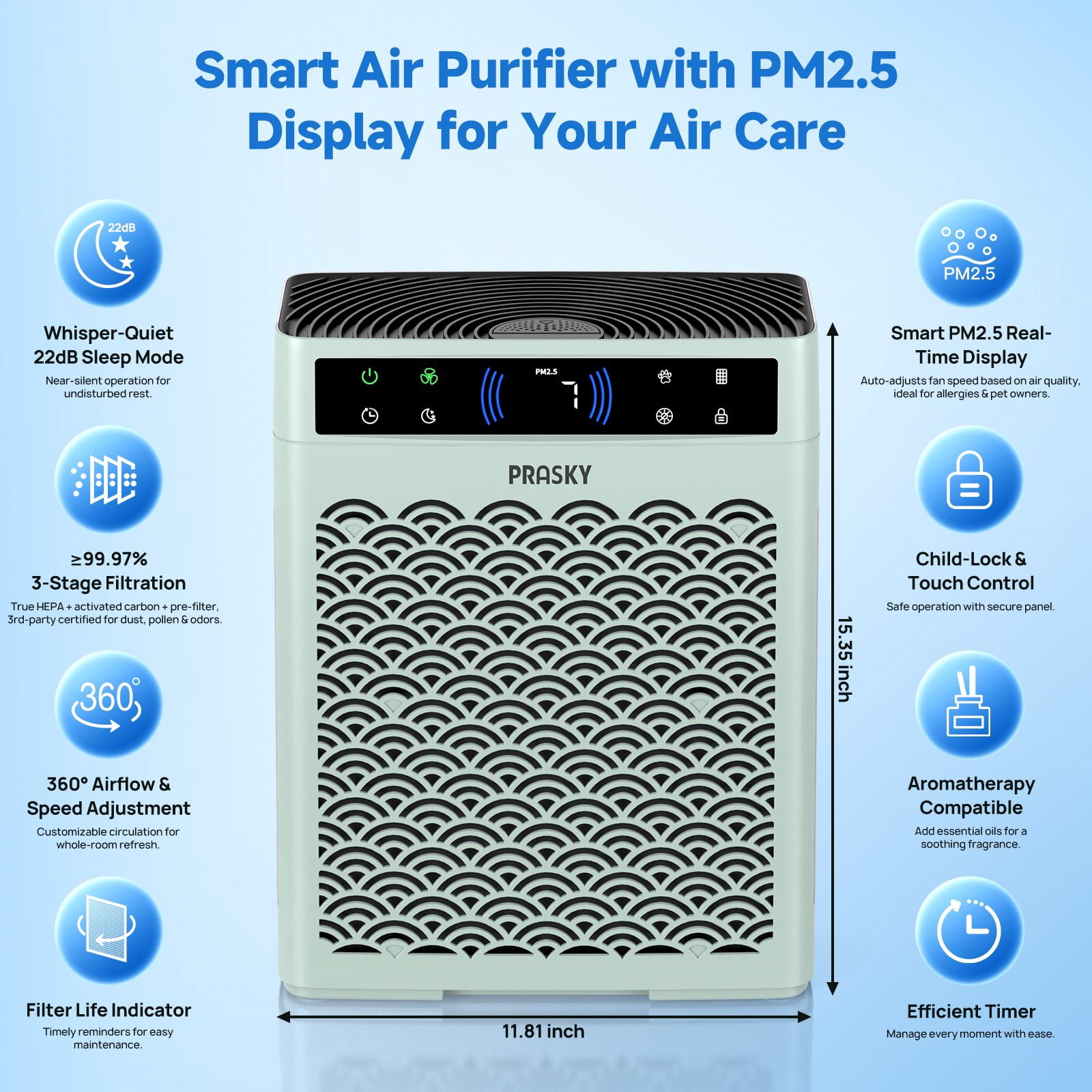 PRASKY Air Purifier for Home up to 2250 Sq Ft Coverage, True HEPA Filter for Pets, Smoke & Allergies | Quiet & Portable for Bedroom/Living Room (Green)