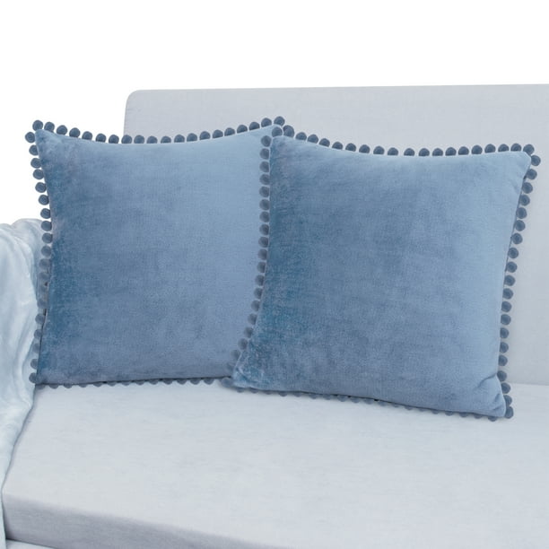 PAVILIA Dusty Blue Throw Pillow Covers, 18x18, Set of 2, Pom Pom