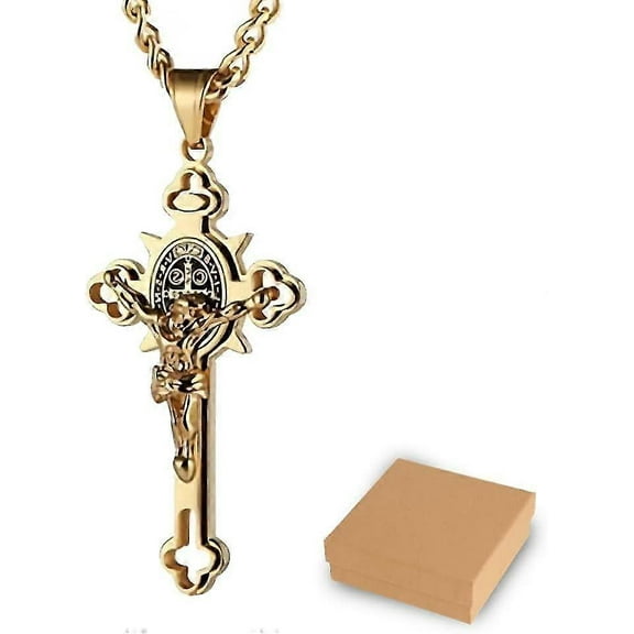 Benedict Protection Cross Power Pendant Necklace Religion Stainless Steel Crucifix Pendant Necklace Jewelry Gifts for Women Men with Gift