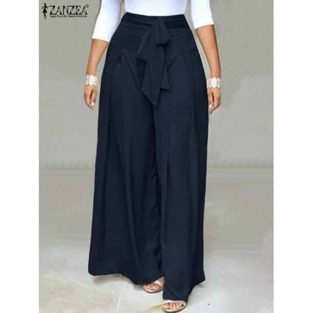 ZANZEA Women's Trousers Summer Loose High Waist Palazzo Pants Wide Leg Plus  Size