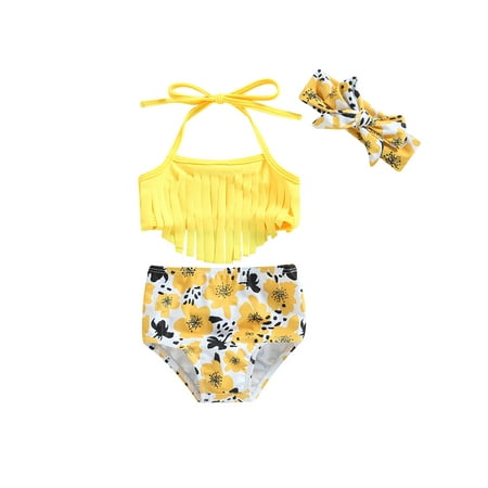 

Qtinghua Toddler Infant Baby Girls Swimsuit Tassels Bikini Set Halter Tankini Top Shorts 2 Piece Bathing Suit Summer Outfits Yellow Flower 2-3 Years
