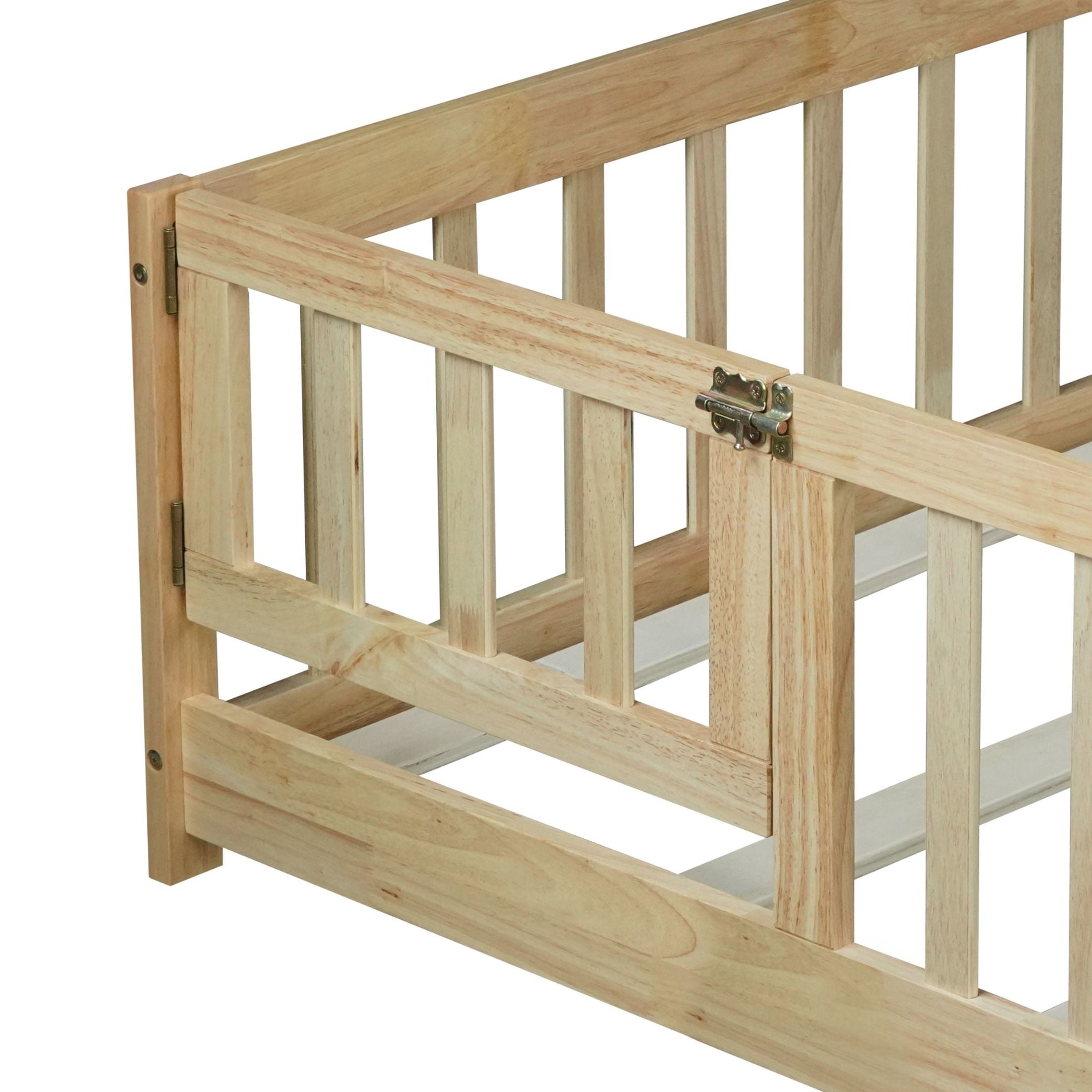 Noble House Corvel Full Size Rubber Wooden Floor Bed with Safety Guardrails & Latching Fence Door, Natural