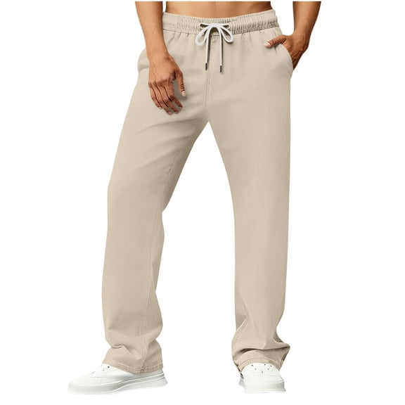 TKKCS Mens Soild Straight Leg Pants- Drawstring Casual Relaxed Fit Elastic Waist Flat Front Pants With Pockets Beige Size XL