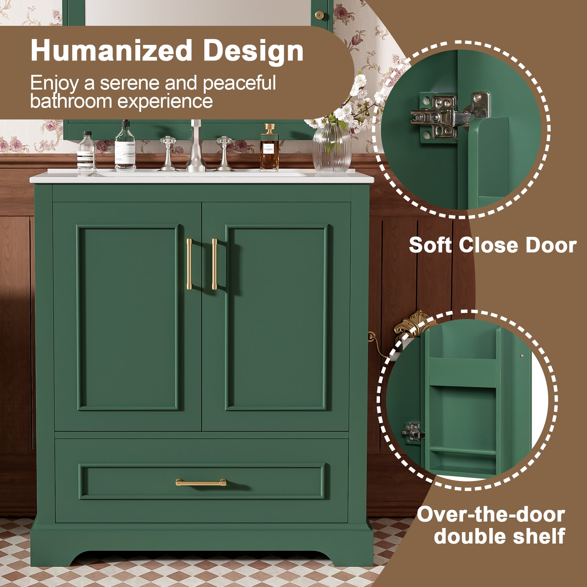 Harper & Bright Designs 30" Modern Bathroom Vanity with Sink, Bathroom Cabinet Freestanding with Drawer, Single Sink Bathroom Vanity, Green