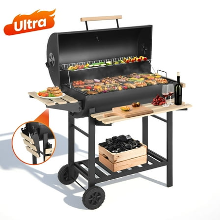 Seizeen Charcoal Grill with Thermometer & Large Cooking Space, Smoker Grill, BBQ Grills for Camping & Picnic, Iron, black
