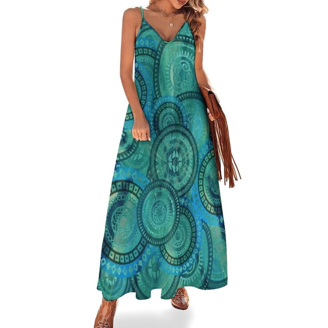 Vestido largo sin mangas con estampado tribal circular en azul y verde azulado suave para mujer Vestidos de baile