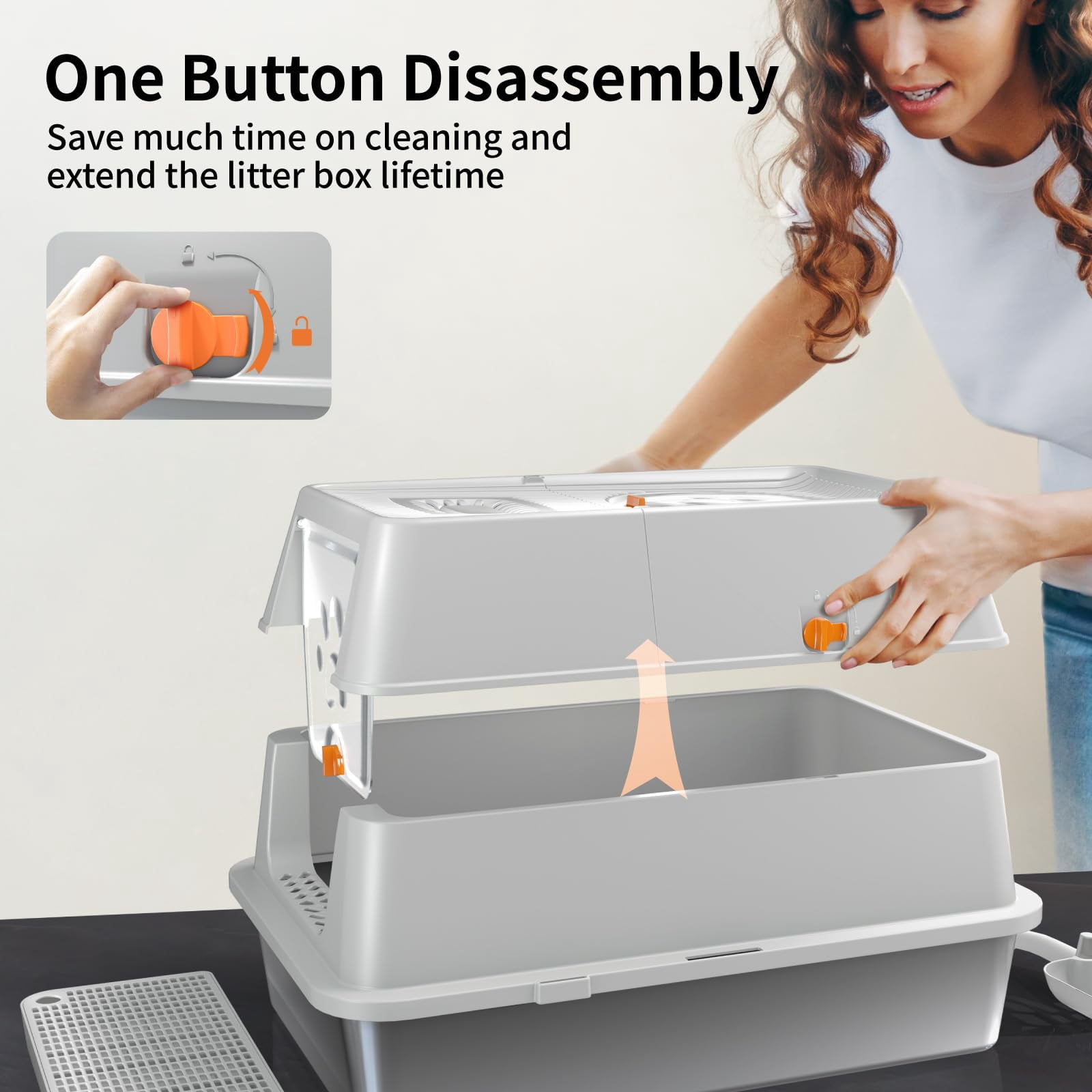 Stainless Steel Cat Litter Box With Lid  180° Flip-top Xl Extra Large Enclosed Covered Metal High Sided Pan Steps & Scoop Easy Cleaning Odor Control Non-sticky-grey