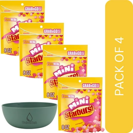 4 Pack Of Starburst FaveREDs Minis Fruit Chewy Candy, 8oz Grab & Go Resealable Bag – Unwrapped Strawberry, Watermelon, Fruit Punch & Cherry Candy, With Olive Green Bowl By ValueNest