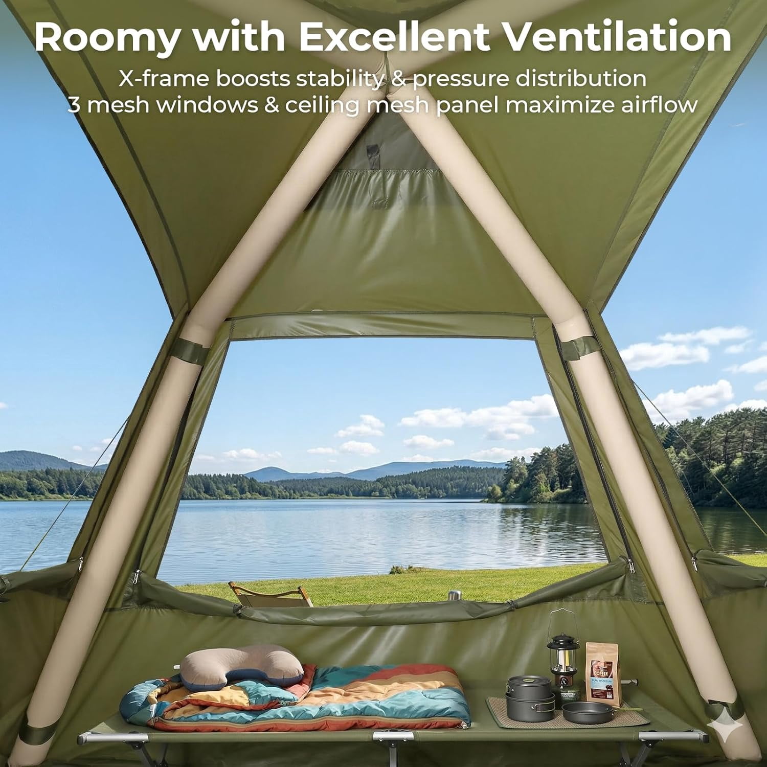 WLTER Inflatable Camping Tent, All-Weather Inflatable Hot Tents with Stove Jack, Blow Up Tent for Camping with Mesh Doors & Windows, Inflatable Air Tents for Camping Adult
