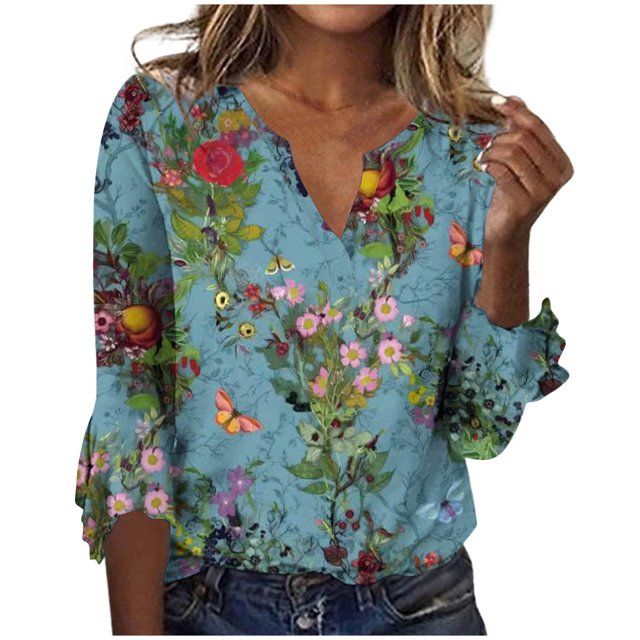 Pompotops T-shirt Décontracté Imprimé à Manches Trois-Quarts Col en V Manches Évasées pour Femmes Liquidation