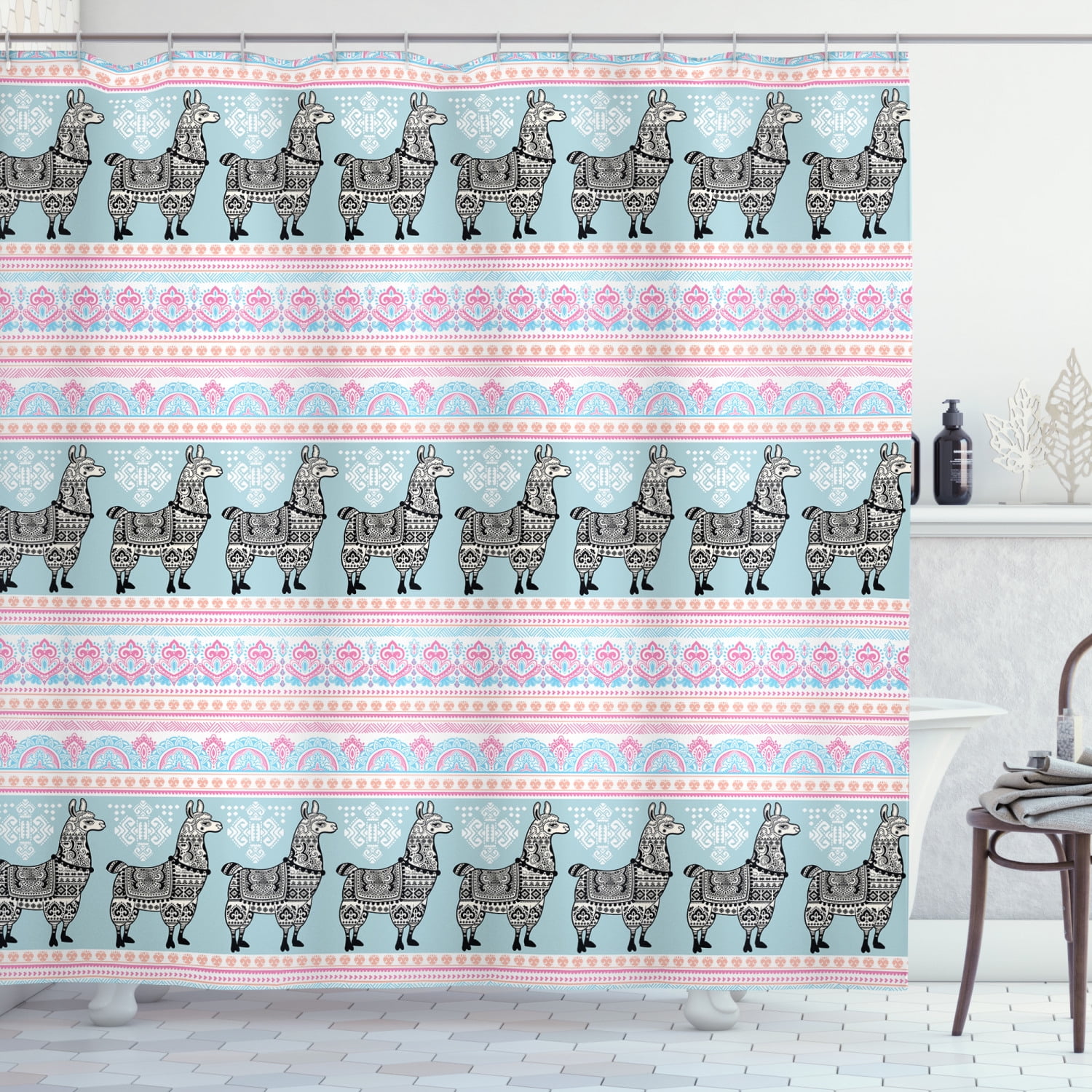 Animal Baby Alpaca & Christmas Hat Bathroom Shower Curtain Waterproof Fabric 71" 