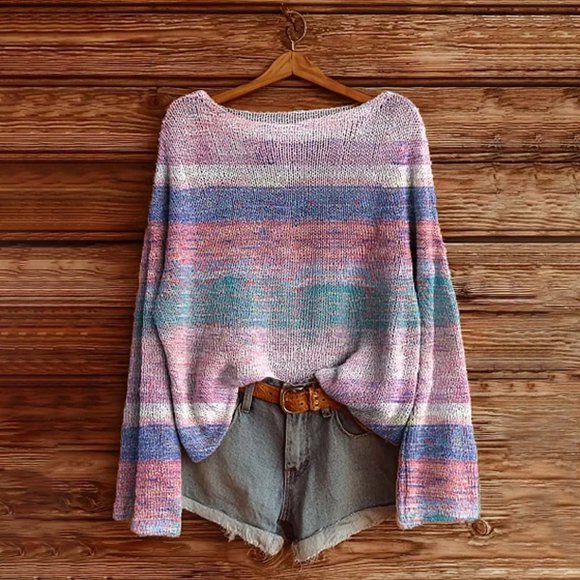 IMENGL Women's art print casual pullover sweater knitted, Purple XL, Size M-3XL