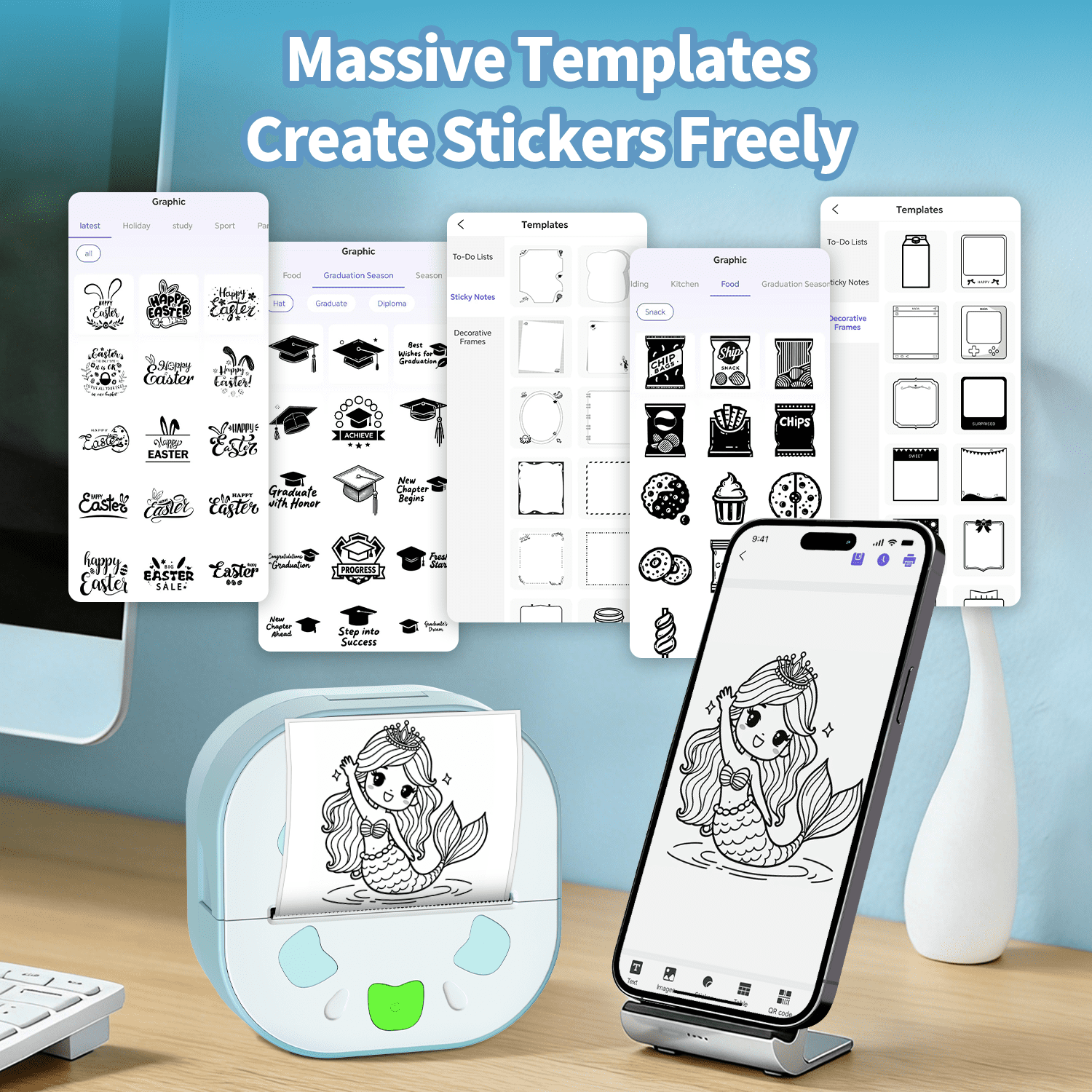 Mini Sticker Printer with 3 Roll Paper, Portable Bluetooth Inkless Printpods, School Supplies Pocket Sticker Maker for Kids Compatible with iOS&Android,Study Notes,Learning Assistance, Journal, Gift