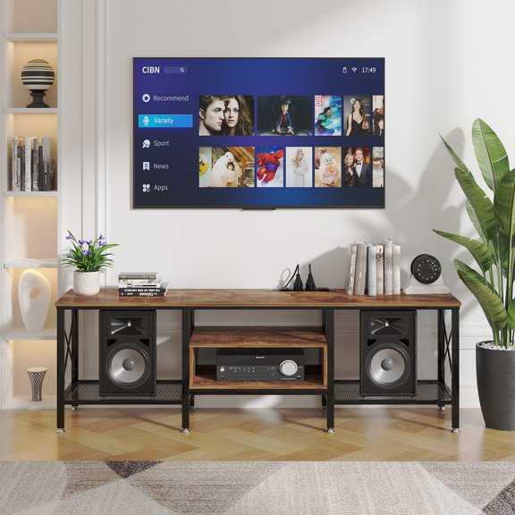 VECELO TV Stand for TV up to 65 Inch, Entertainment Center TV Console with Storage Shelves for Living Room, Brown