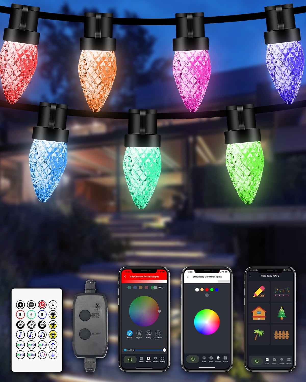 Dynamic C9 Christmas Lights Outdoor RGB, 33Ft 50 LED Smart Christmas Lights  APP Remote Controlled DIY Color Changing C9 String Lights Connectable  Waterproof Music Lights for Eaves Xmas Decoration 
