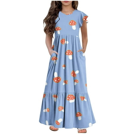 

Geire Stylish Girls Summer New Long Dress Printed Short Sleeve Casual Round Collar Loose Dresses For Summer Party Holiday Aged 6-12 Years