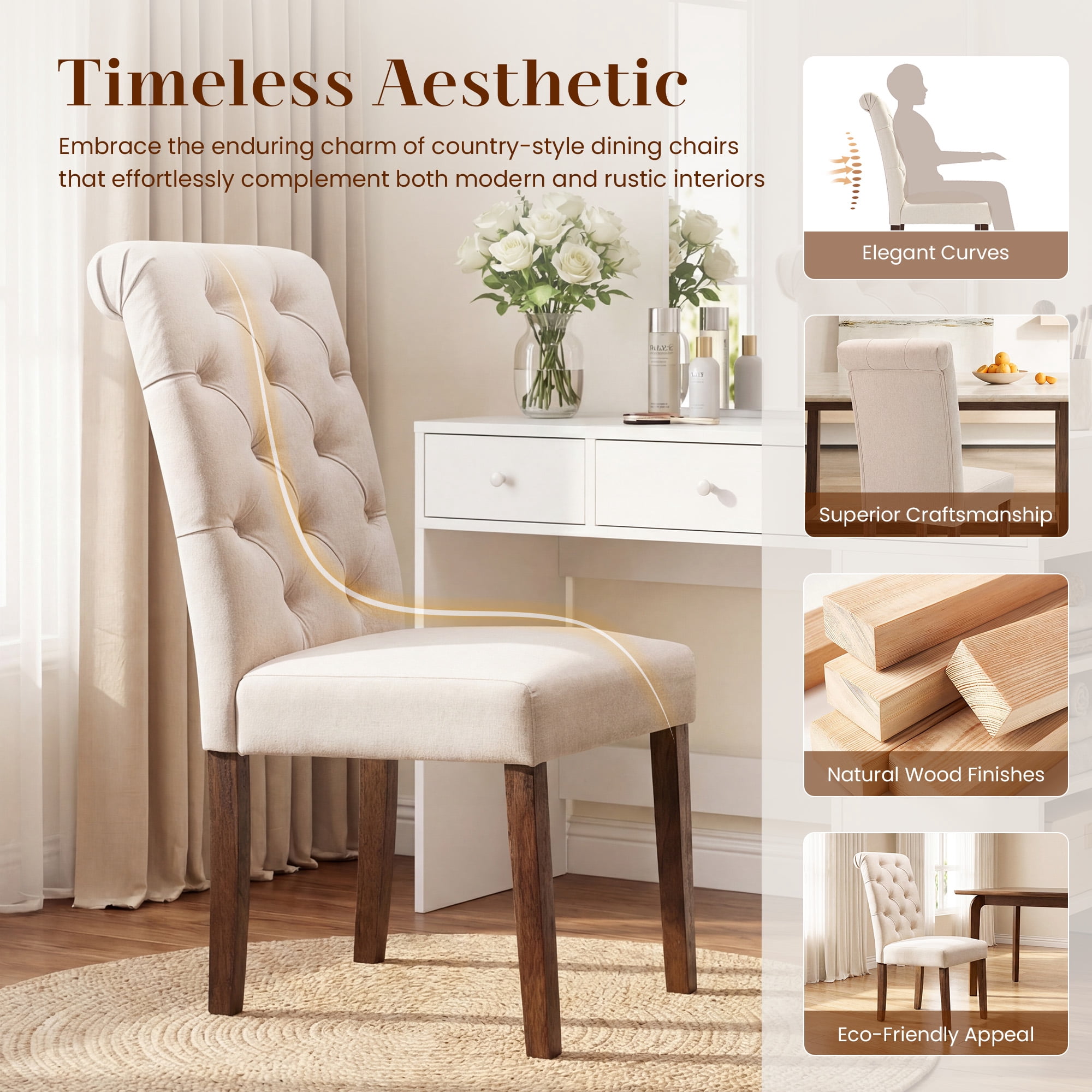 Upholstered Parsons Dining Chairs Set of 2, Button Tufted High Back Kitchen Side Chair for Dining Room, Beige