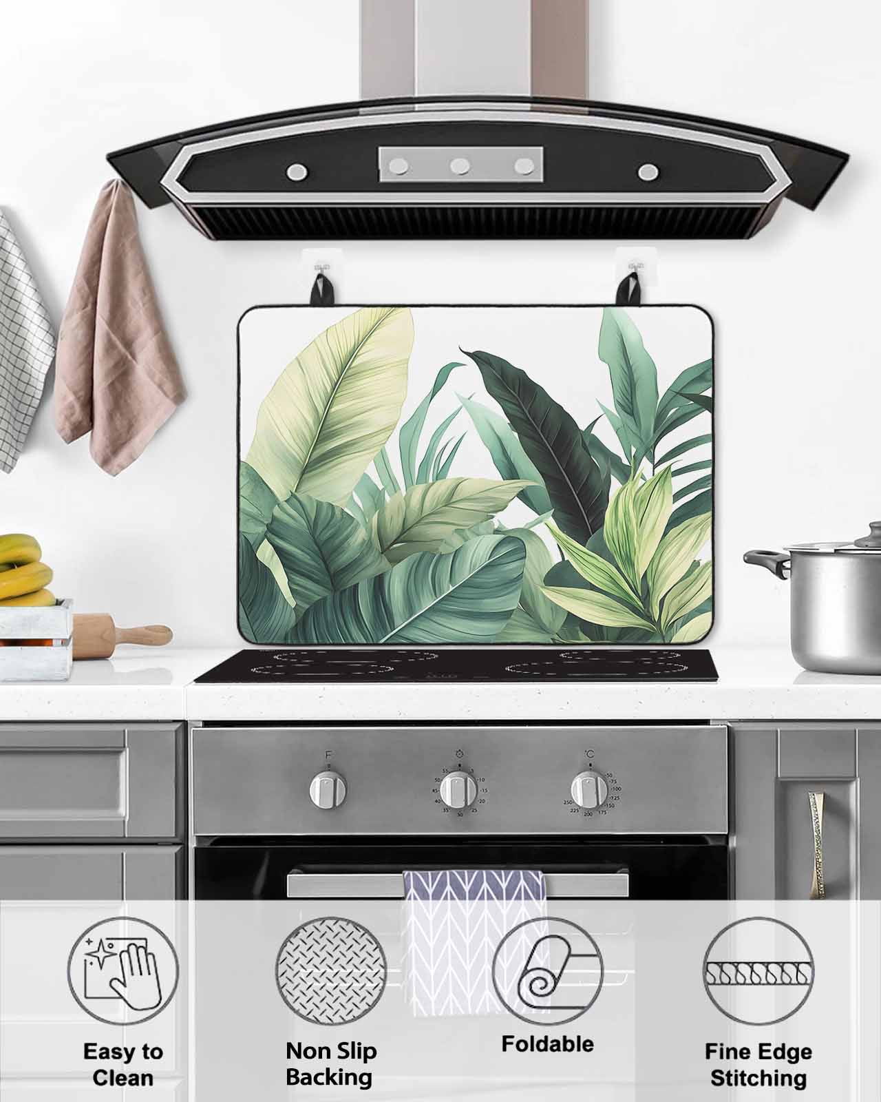 nqOlkjepod Large Induction Cooktop Protector Mat 24"x21", Green Tropical Leaves Stove Top Covers for Electric Stove, Country Summer Botanical Palm Leaf Stove Burner Cover Mats, Glass Top Stove Cover