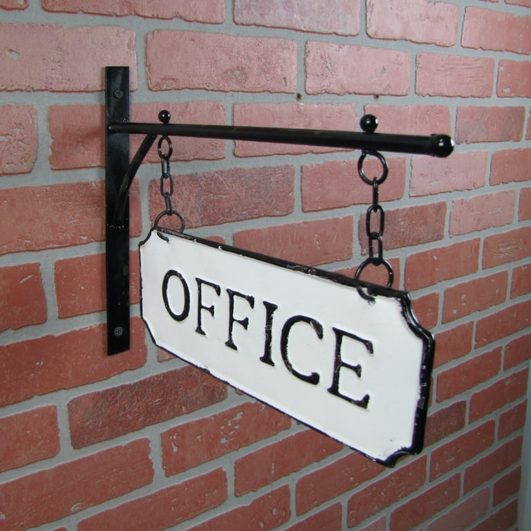 Rustic White Enamel Dual Hanging Office Flange Sign Vintage Embossed Wall Decor Rustic White Enamel Dual Hanging Office Flange Sign Vintage Embossed Wall Decor