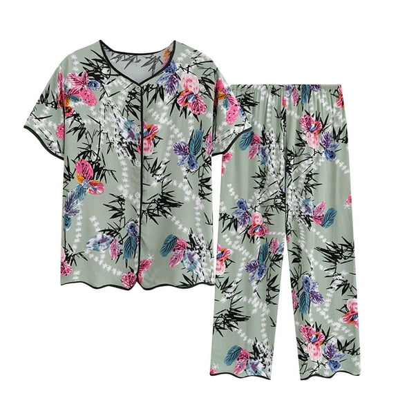 Lovskoo 2024 Lounge Sets for Women Plus Size Casual Summer Floral Short Sleeved V Neck Button Front Top Shirt Capri Pajama Pants Set Comfortable Breathable 2 Piece Sets Green XL