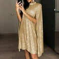 thumbnail image 4 of Women's Solid Color Stand Up Collar Cape Sleeve Sequin Party Dress Glamorous Party Dress for New Year's Eve, Clubs, and Evening Galas Gold 2XL, 4 of 5