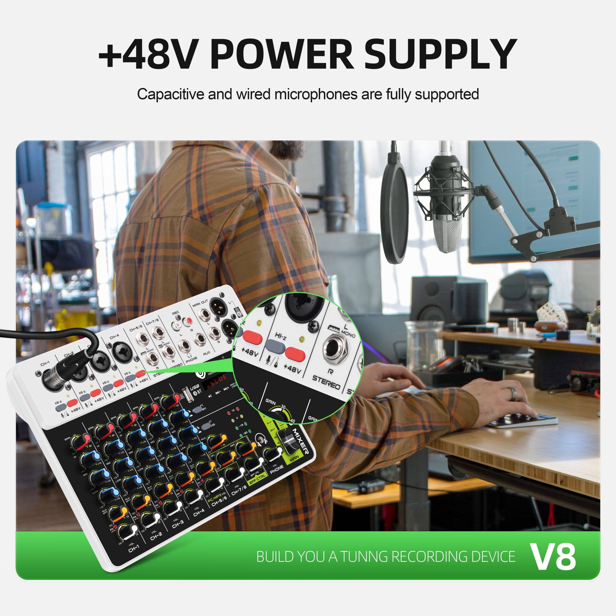Interface Mixer, DJ Console with Bluetooth 5.0 USB Phantom Power, Delayed Playback Effects
