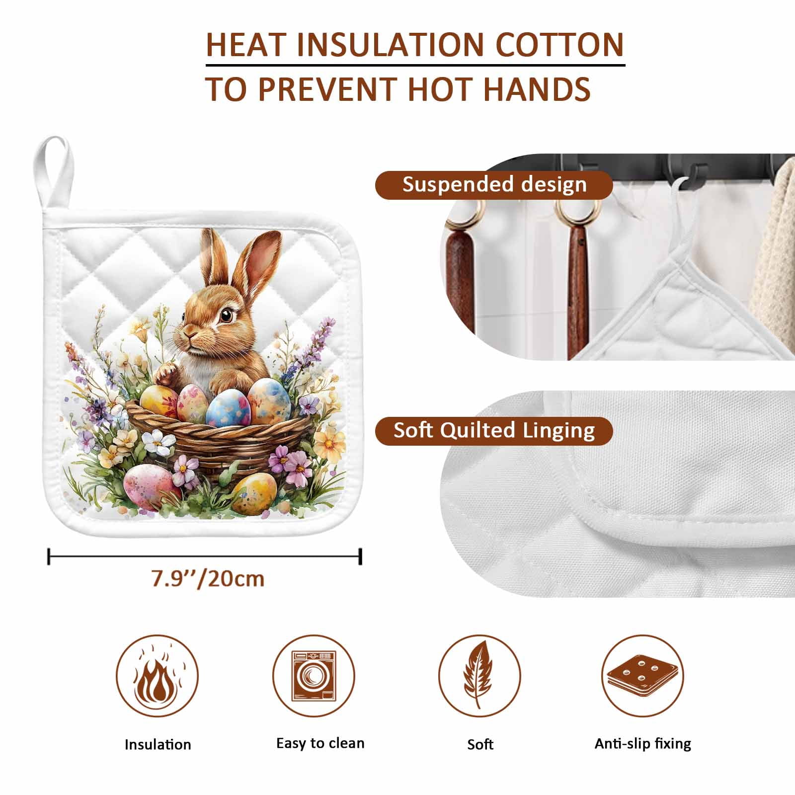 Spring Easter Pot Holders for Kitchen Heatproof Potholder, 4 Pack Colorful Eggs Bunny Botanical Floral Hot Pads Multipurpose Oven Pads Cloth Potholders Trivet for Cooking and Baking