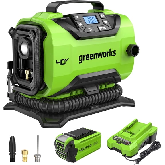 Greenworks 40V Cordless Tire Inflator, 160 PSI Portable Air Compressor, 2 Power Sources, Auto Shut Off, for Car, Bicycle, Motorcycle, Inflatables with 2.0 Ah USB (Power Bank) Battery & Charger