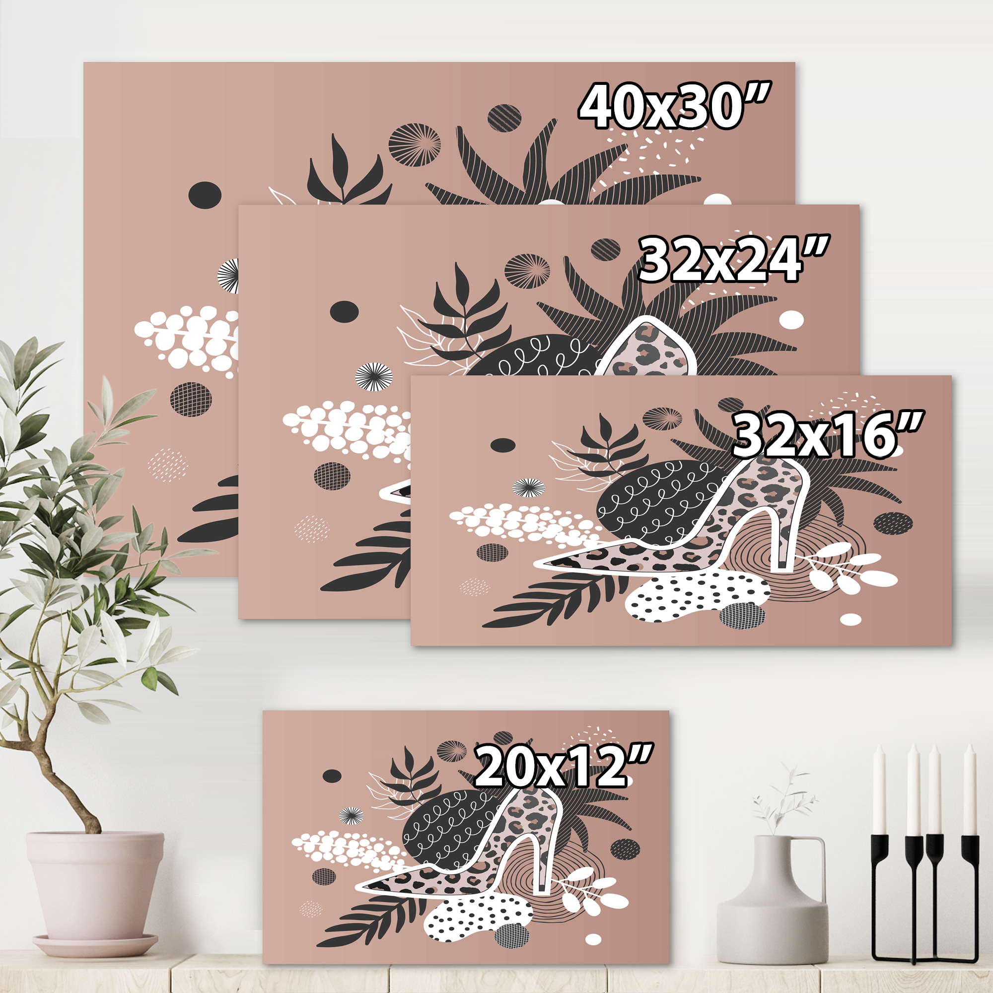 Leopard High-Heeled Shoes On Tropical Leaves 32 in x 16 in Photography Canvas Art Print, by Designart