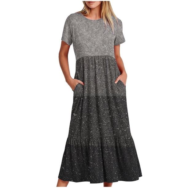 Vestido de Manga Corta para Mujeres Vestido de Verano de Cuello Redondo Impreso, Poliéster de Tamaño Verdadero Diario Y Vestido de Fiesta