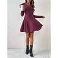 thumbnail image 4 of Robes Courtes en Tricot Côtelé à Manches Longues pour Femmes Automne Hiver Col en V Décontracté Robe Chandail Évasée Rouge P, 4 of 9